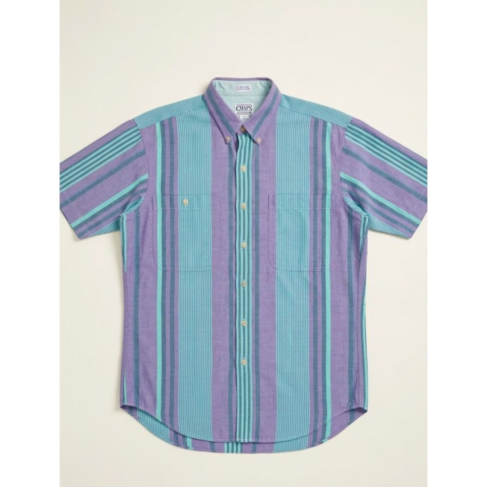 Vintage Chaps Ralph Lauren M Purple Teal Stripe Short Sleeve Button Down